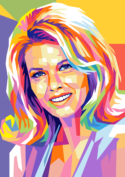 Colorful pop-art portrait of Angie Dickinson smiling against a geometric multicolor background.