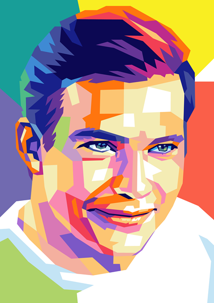 Colorful pop-art portrait of William Shatner against a geometric multicolor background.