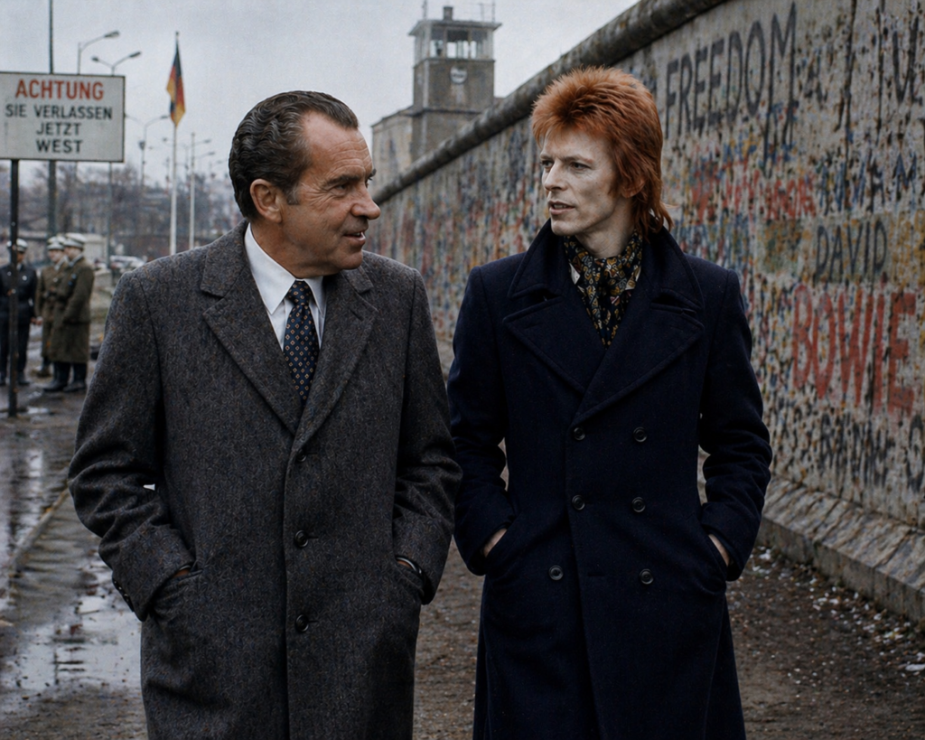 Color photo-style image showing Richard Nixon and David Bowie walking beside the Berlin Wall in winter coats during an overcast day in late-1970s Berlin.