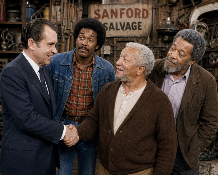 Color production still showing Richard Nixon shaking hands with Fred Sanford while Lamont and Grady look on inside Sanford Salvage.