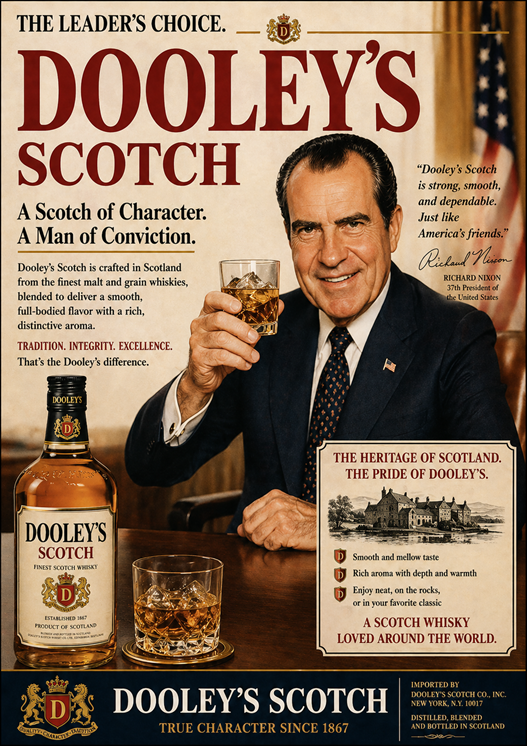 Vintage English-language magazine advertisement featuring Richard Nixon raising a glass of Dooley’s Scotch beside a prominently displayed whisky bottle and formal promotional text.