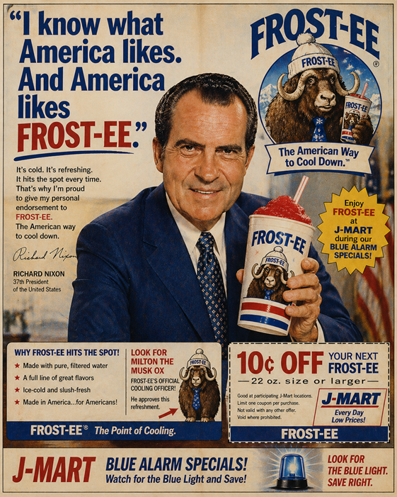 Vintage-style color magazine advertisement showing Richard Nixon holding a Frost-EE frozen drink beside a mascot musk ox wearing a winter hat, promoting Frost-EE at J-Mart during Blue Alarm Specials.