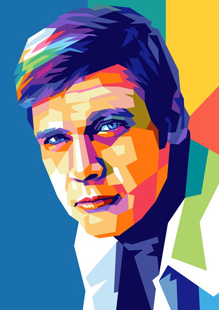 Colorful geometric pop-art portrait of Lee Majors in a suit and tie against a bright abstract background.