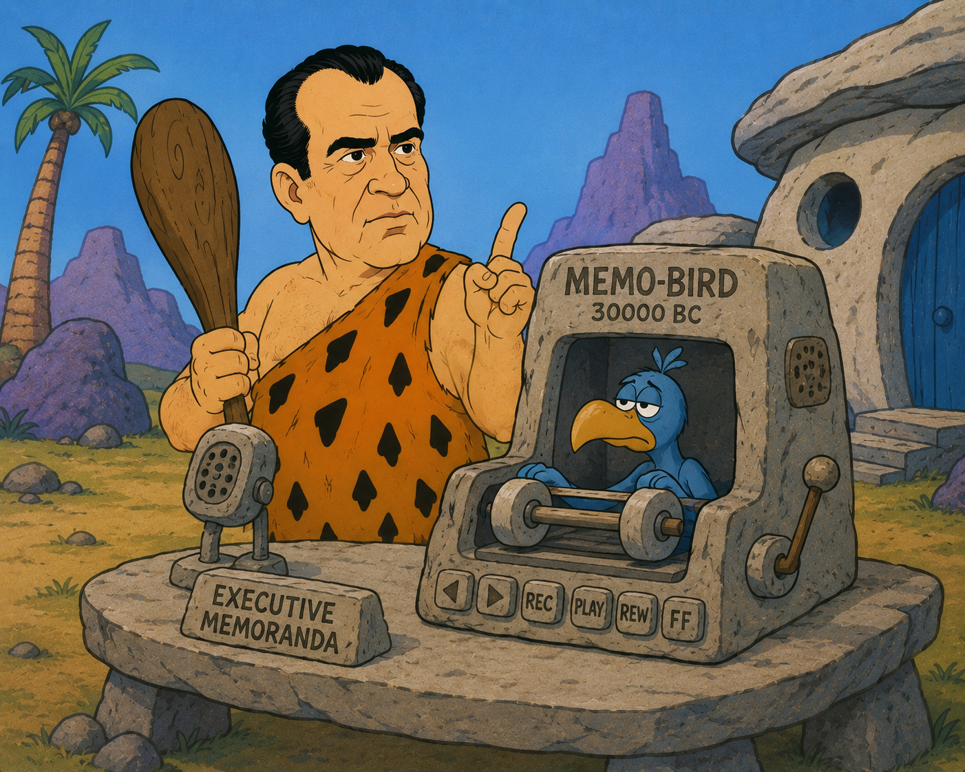 Retro prehistoric cartoon showing caveman Nixon beside a stone “MEMO-BIRD 30000 BC” tape recorder operated by a bored blue bird.