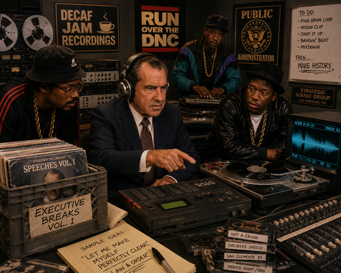 Richard Nixon sits in a mid-1980s hip-hop recording studio surrounded by producers, turntables, cassette tapes, and parody music posters.
