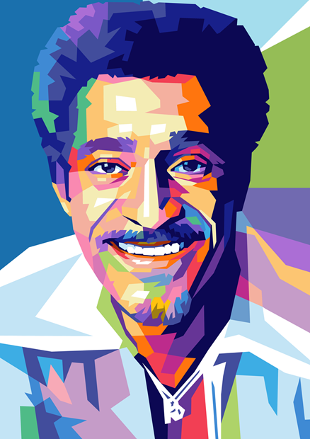 Colorful pop-art portrait of Sammy Davis Jr. smiling in a white collared jacket against a geometric background.