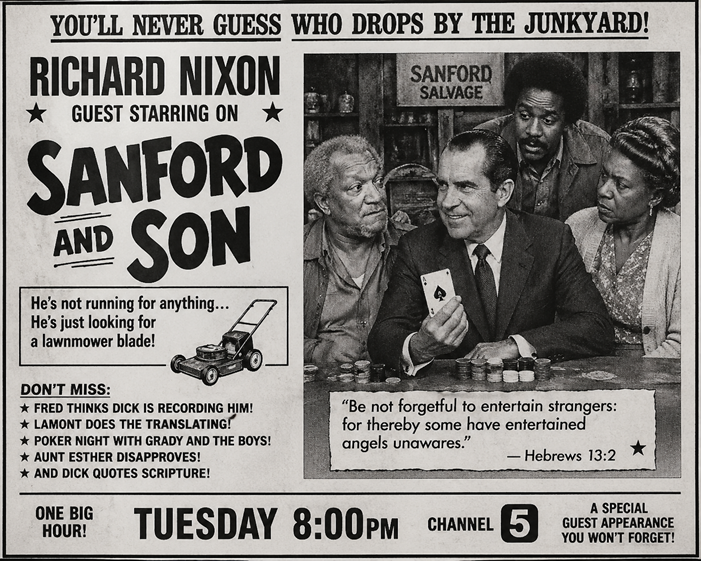 Black-and-white newspaper-style advertisement promoting Richard Nixon’s guest appearance on Sanford and Son, featuring a poker scene and lawnmower gag.