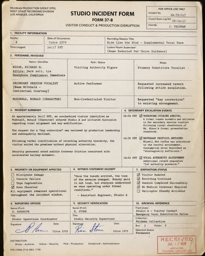 Vintage Studio Incident Form 37-B document showing typed notes about a recording disruption, tuxedo delivery, and visitor removal during a 1979 studio session.
