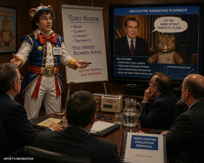 Color artist’s recreation depicting entertainment executive Buzz Feldman presenting a corporate voice-casting proposal inside a boardroom while wearing an elaborate animated costume, addressing skeptical investors beside visual materials promoting Richard Nixon as a proposed storytelling voice candidate.