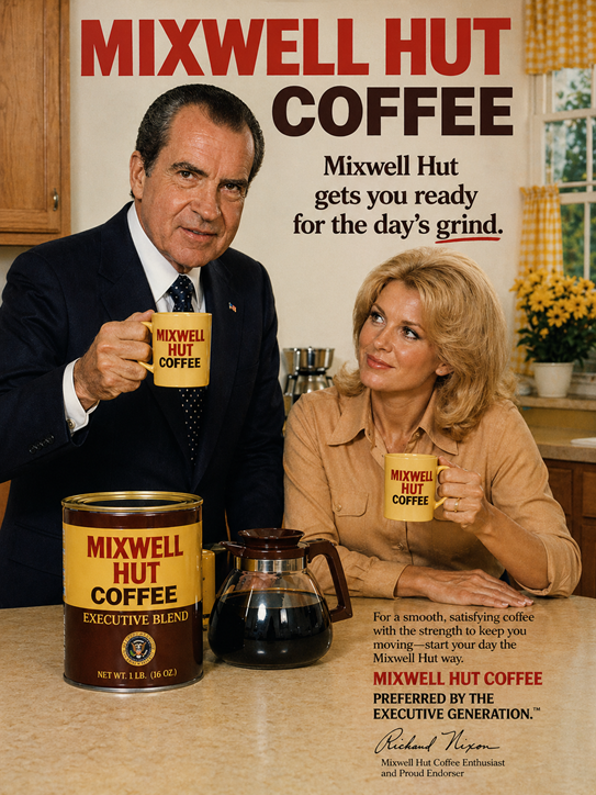 Vintage color advertisement showing Richard Nixon and a blonde actress-like figure in a kitchen endorsing Mixwell Hut Coffee with the slogan “Mixwell Hut gets you ready for the day’s grind.”