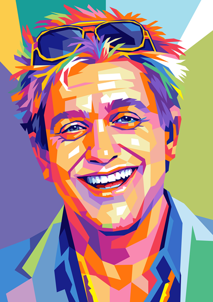 Stylized pop-art portrait of entertainment executive Buzz Feldman smiling broadly. The image uses bold geometric shapes and vivid colors including orange, blue, purple, and pink. Buzz has light hair, sunglasses resting atop his head, and wears a casual jacket and open-collar shirt. His expression is upbeat and charismatic, reflecting his reputation as a fast-talking Hollywood promoter and media personality.