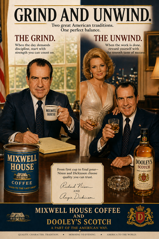 Split-panel vintage color advertisement showing Richard Nixon writing on a yellow legal pad with Mixwell House Coffee in a daytime office setting, paired with an evening scene featuring Nixon and Angie Dickinson holding glasses of Dooley’s Scotch.