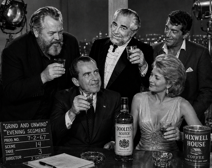 Black-and-white production still showing Richard Nixon and Angie Dickinson seated at a table with Dooley’s Scotch and Mixwell House Coffee while three visiting entertainers join them during filming of the “Grind and Unwind” evening segment.