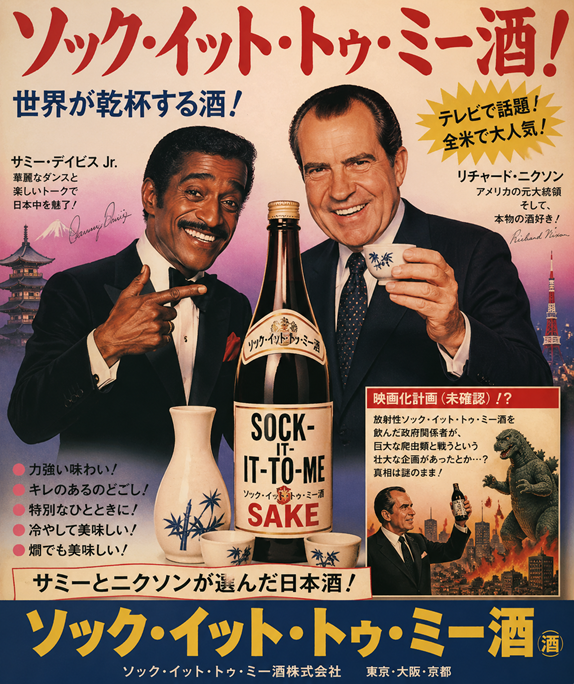 A 1970s-style Japanese advertising poster featuring Richard Nixon and Sammy Davis Jr. promoting the sake “Sock It to Me Sake.”