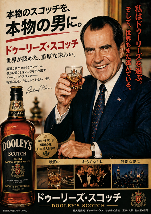 Vintage Japanese-language print advertisement featuring Richard Nixon raising a glass of Dooley’s Scotch, presented as a proposed promotional campaign for the Japanese market that was never officially released.