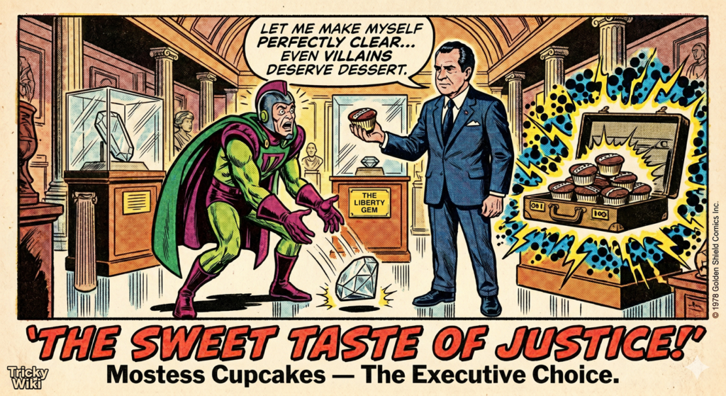 Comic-style advertisement showing Richard Nixon offering a cupcake to a costumed villain inside a museum while a briefcase full of cupcakes glows nearby.