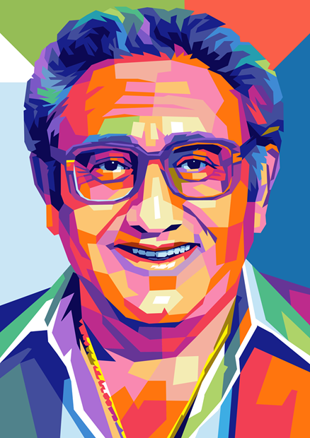 Colorful pop-art portrait of Hank Kissinger wearing glasses, a collared shirt, and a gold chain.