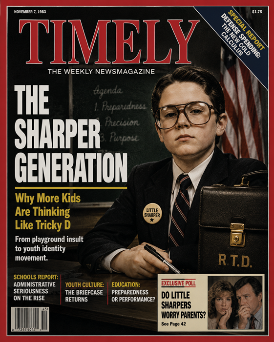 A fictional 1983 Timely magazine cover featuring a serious young “Little Sharper” seated at a desk in business attire. The child wears oversized glasses, a suit jacket, and tie while holding a marker beside a black briefcase marked with initials. Large cover text reads “THE SHARPER GENERATION” with the subheadline “Why More Kids Are Thinking Like Tricky D.” Additional teaser blurbs reference administrative seriousness, the return of the briefcase, and parental concerns over the Little Sharper movement. The design mimics early-1980s newsmagazines with bold typography, muted colors, and sociological cover-story framing.