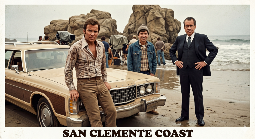 A 1970s television promotional photo for "San Clemente Coast" featuring actors William Shatner and Richard Nixon on a beach next to a stunt double for Bob Denver.