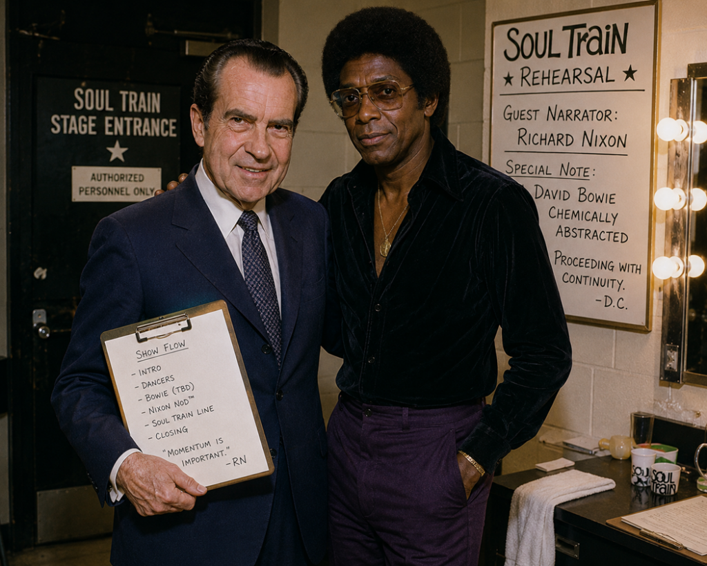 A vintage-style backstage photograph shows Richard Nixon standing beside a stylish 1970s television host in a dressing-room area near a dance program set. Nixon holds a clipboard containing rehearsal notes while both men face the camera. Behind them, signs referencing a rehearsal session and production continuity contribute to the atmosphere of a recovered television archive image.