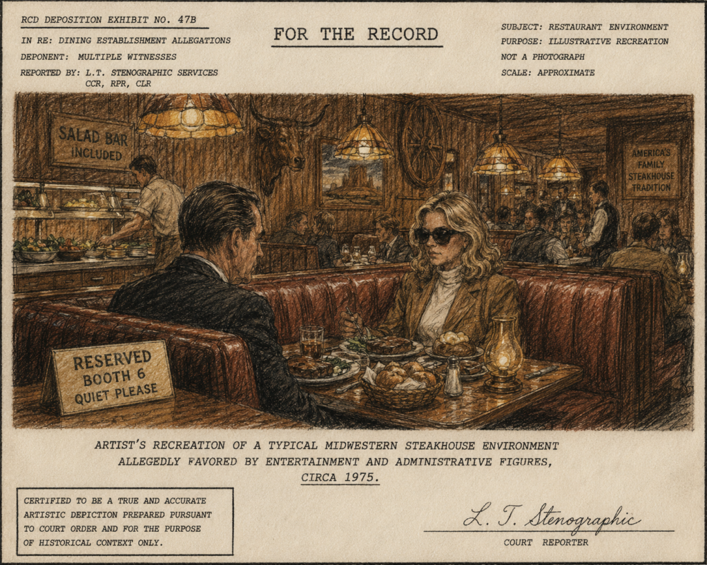 Courtroom-style sketch of a wood-paneled family steakhouse with suited diners, salad bar, and a mysterious executive figure seated beneath hanging lamps.