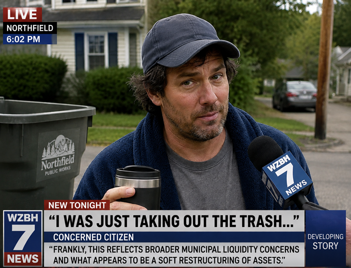 A satirical local television news screenshot shows a casually dressed man standing near a curbside trash bin while holding a travel mug and being interviewed by a reporter. Wearing a plain dark baseball cap and giving a mildly suspicious expression, he appears before a suburban home as TV graphics label him “Concerned Citizen.” A chyron quotes him saying, “I was just taking out the trash…” followed by an unexpectedly sophisticated statement about municipal liquidity concerns.