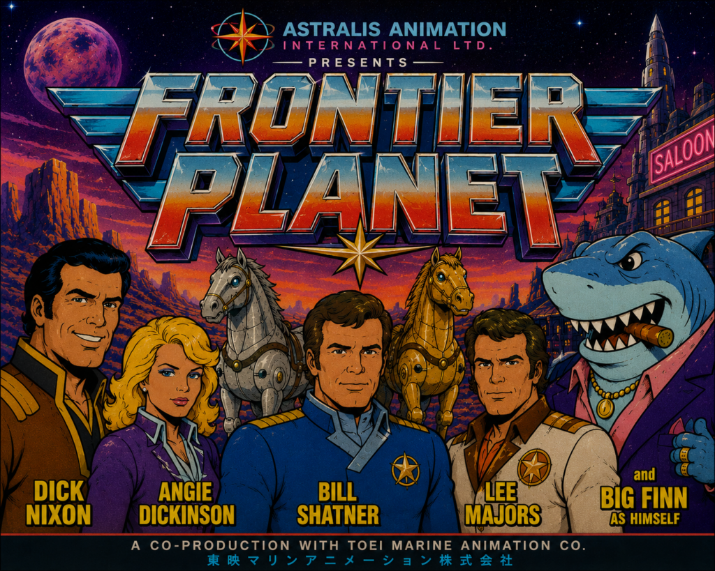 Retro-style animated title card for Frontier Planet featuring cartoon Dick Nixon, Angie Dickinson, Bill Shatner, Lee Majors, robot horses, and shark crime boss Big Finn in a sci-fi Western landscape.