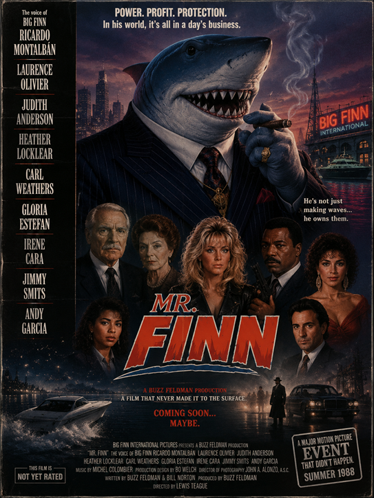 Vintage-style 1988 movie poster for the unreleased film Mr. Finn, featuring a giant shark mob boss in a suit surrounded by an ensemble cast against a neon waterfront skyline.