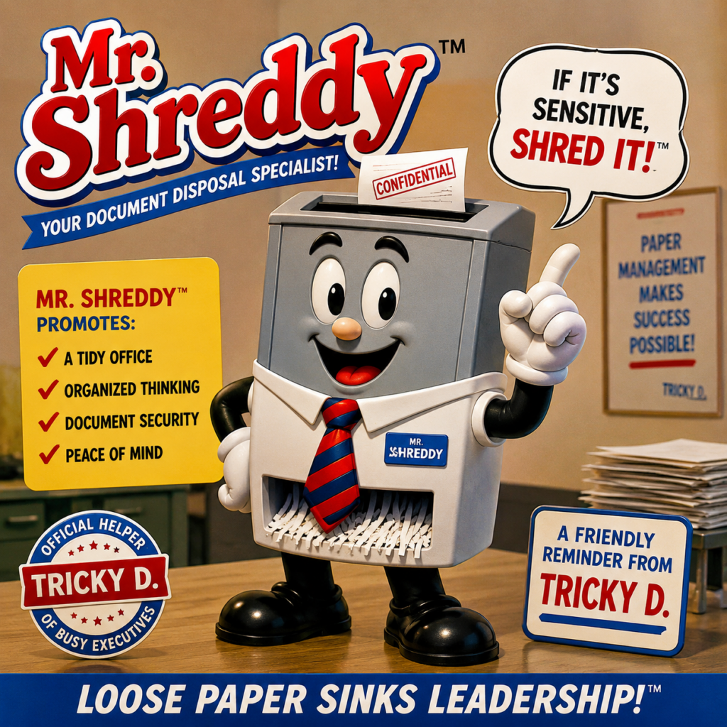 Color promotional image of Mr. Shreddy™, a smiling office shredder mascot in a tie promoting document security for Tricky D executives.