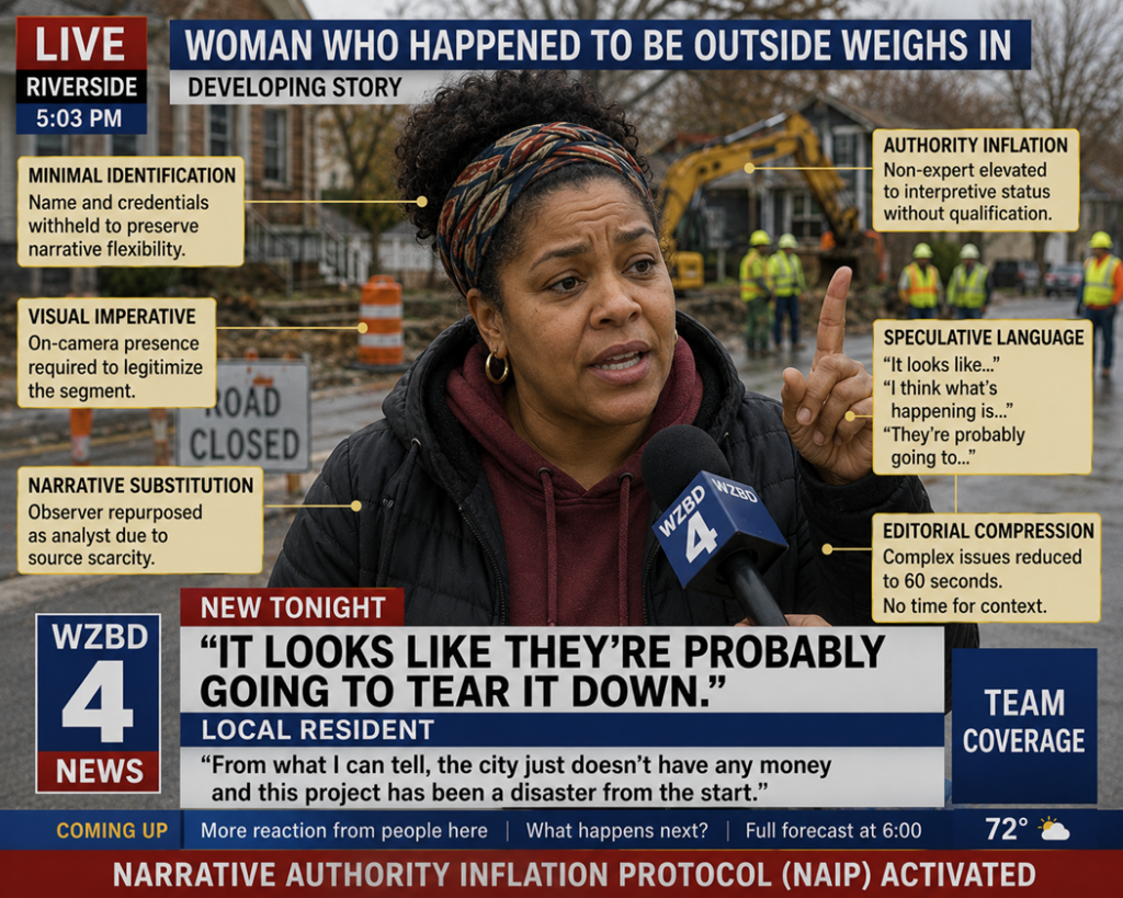 A satirical television news screenshot depicts a woman of color speaking emphatically during a live interview at a construction site. Wearing casual clothing and gesturing with one finger raised, she is surrounded by exaggerated broadcast graphics explaining concepts such as “Authority Inflation,” “Narrative Substitution,” and “Editorial Compression.” A news chyron identifies her only as “Local Resident” while quoting speculative commentary about a demolition project, and a banner at the bottom declares “Narrative Authority Inflation Protocol (NAIP) Activated.”