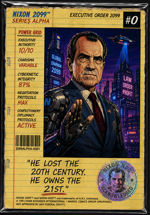 Retro trading card of cybernetic Richard Nixon titled Nixon 2099 Series Alpha #0, showing futuristic Nixon in a neon city with power ratings and the slogan “He lost the 20th century. He owns the 21st.”
