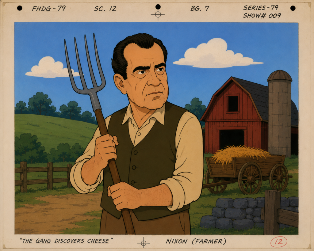 Vintage-style animation cel showing a stern farmer resembling Richard Nixon holding a pitchfork in front of a barn and hay wagon.