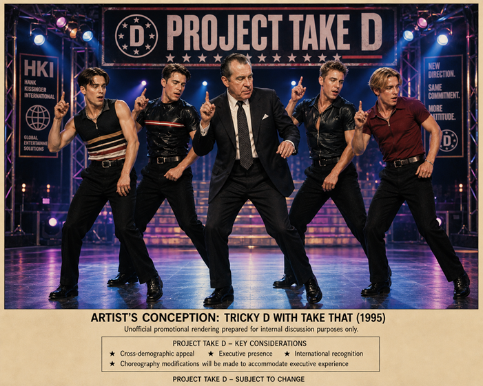 Color promotional-style image showing Tricky D dancing in a suit alongside four youthful performers beneath a large “PROJECT TAKE D” stage banner during a fictional 1995 boy-band rehearsal concept.