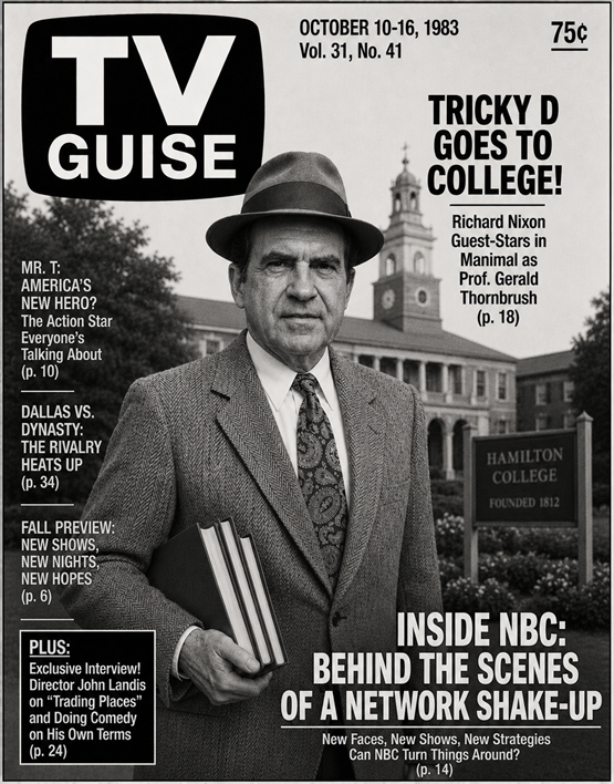 Black-and-white 1983-style TV Guise magazine cover featuring Richard Nixon in tweed jacket, paisley tie, and fedora on a university campus promoting his guest appearance on Manimal.