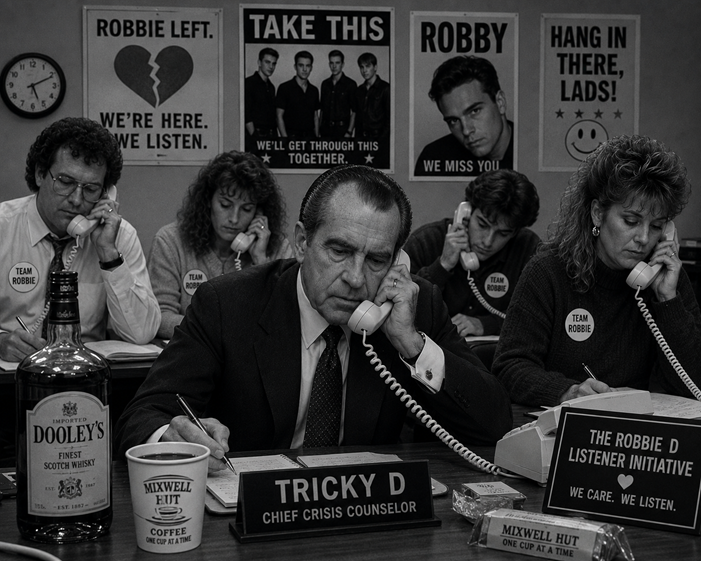 Black-and-white staged photo of Tricky D seated at a 1990s-style emotional support hotline, speaking on the phone beside a cup of Mixwell Hut Coffee and a bottle of Dooley’s Scotch while volunteer counselors assist distressed “Take This” fans.