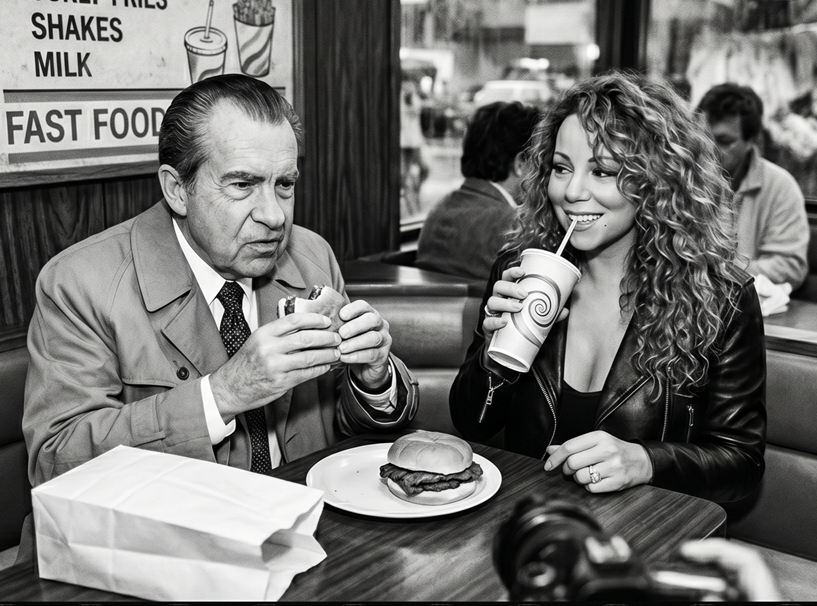 black and white grainy paparazzi-style photo of Richard Nixon and Mariah Carey surrounded by photographers and reporters outside a fast-food restaurant at night.