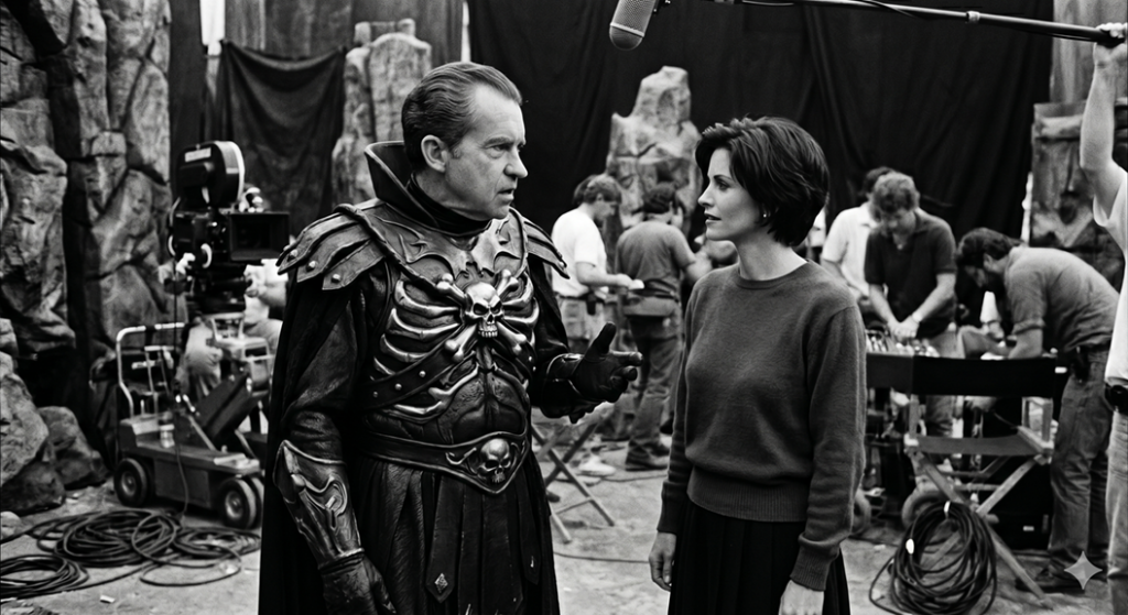 Black and white behind-the-scenes production still from the 1987 Masters of the Universe film set, showing Richard Nixon in full, unmasked Skeletor armor talking to a short-haired Courteney Cox.