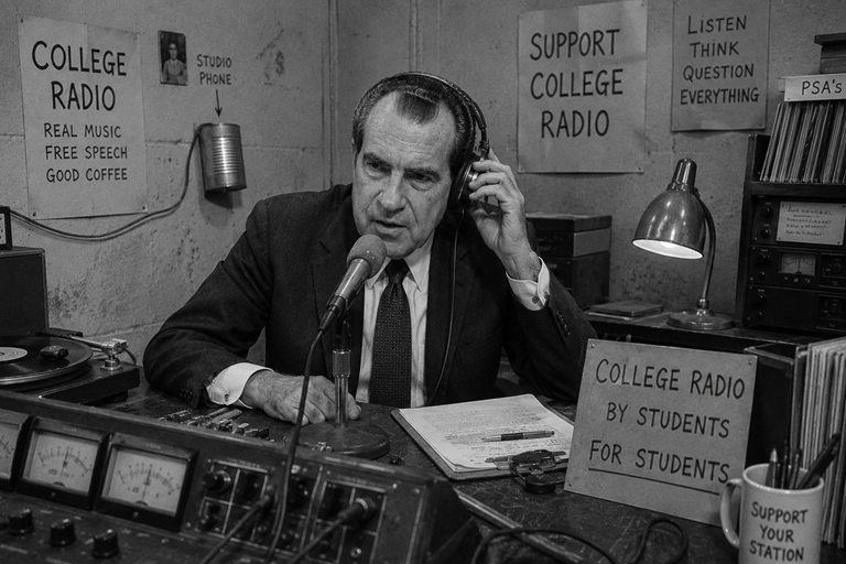 Black-and-white photograph of Dick Nixon broadcasting from a cramped college radio station. Wearing headphones and a suit, Nixon sits behind a worn microphone surrounded by aging analog equipment, stacks of records, handwritten signs, and exposed wiring. In the background, a tin-can-and-string "studio phone" hangs on the wall, emphasizing the station's shoestring-budget atmosphere. Despite the primitive surroundings, Nixon appears completely focused on the broadcast.