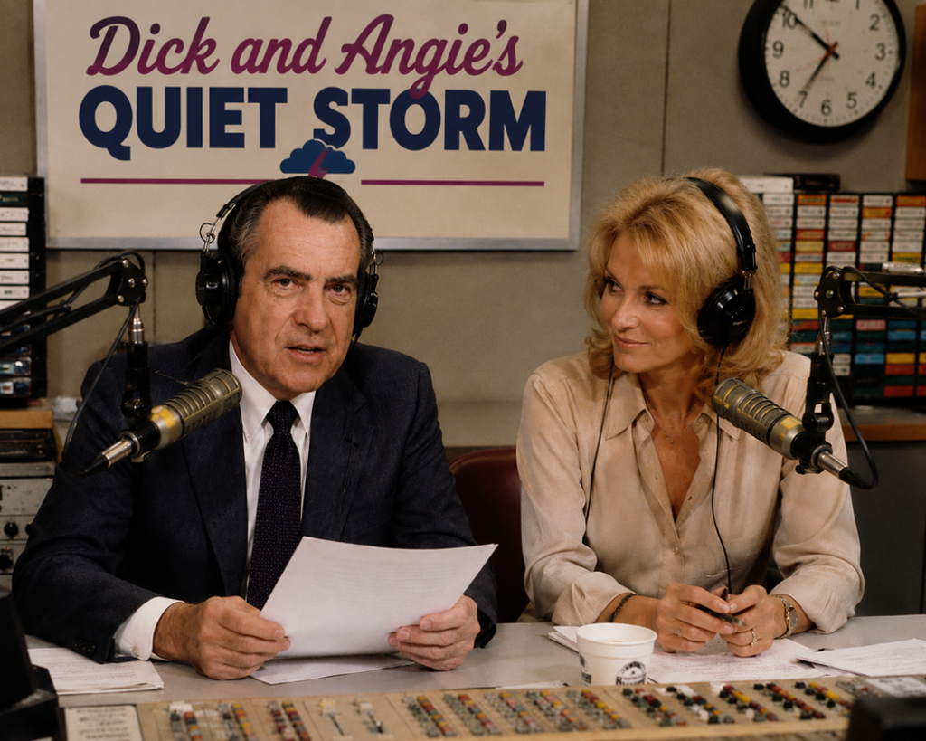 Color photograph of Dick Nixon and Angie Dickinson co-hosting a radio program from a professional broadcast studio. Nixon, wearing a dark suit and headphones, reads from a sheet of notes while speaking into a microphone. Dickinson sits beside him with a warm smile, wearing headphones and facing her co-host. Behind them hangs a large sign reading "Dick and Angie's Quiet Storm." The studio contains audio equipment, microphones, tapes, and a mixing board, creating the atmosphere of a popular late-night radio show.