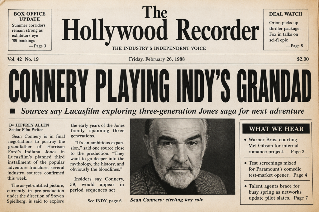 A vintage Hollywood trade newspaper front page titled The Hollywood Recorder, dated February 26, 1988. A massive banner headline reads, "CONNERY PLAYING INDY'S GRANDAD." Beneath the headline, a subheading claims Lucasfilm is exploring a three-generation Jones family for the next Indiana Jones film. A black-and-white portrait of Sean Connery appears in the center, surrounded by faux entertainment industry articles and gossip columns.