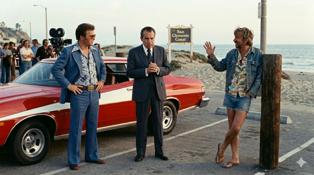 A promotional still from the fictional 1975 television series San Clemente Coast. William Shatner stands beside a red-and-white muscle car wearing a blue leisure suit, while Richard Nixon stands in a dark business suit with his hands clasped. Actor Bob Denver, dressed in casual beachwear and sandals, gestures animatedly as he speaks to them. A film crew and a San Clemente Coast sign are visible near the shoreline, with the Pacific Ocean in the background.