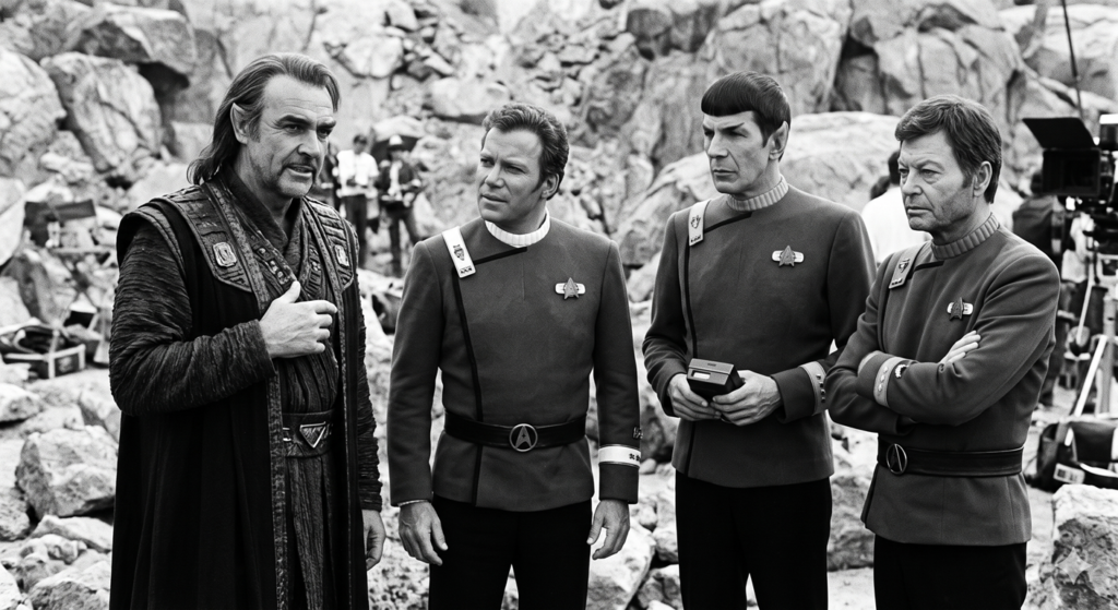 A grainy, black-and-white promotional still from an unproduced version of Star Trek V: The Final Frontier, circa 1988. From left to right stand Sean Connery (with a beard and Vulcan ears) in detailed Sybok robed attire; William Shatner as Captain Kirk in a classic red Starfleet officer's uniform; Leonard Nimoy as Spock in an identical Starfleet uniform, holding a tricorder; and DeForest Kelley as Dr. McCoy, also in uniform, with arms crossed. All four stand in front of a rocky, desert-like set, looking off-camera.