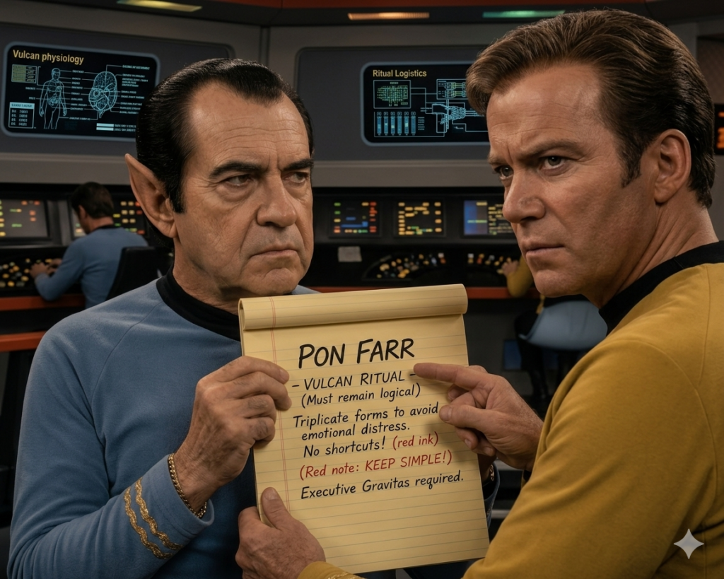 A publicity-style image from the fictional Star Trek: Phase II television series featuring Richard Nixon as the Vulcan officer Xon. Wearing a blue Starfleet science uniform and pointed Vulcan ears, Xon holds up a yellow legal pad labeled "PON FARR" while Captain Kirk looks on with concern. The notepad contains bureaucratic instructions and procedural notes regarding the Vulcan mating ritual. Behind them, Enterprise bridge displays show technical readouts including "Vulcan Physiology" and "Ritual Logistics."
