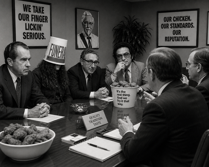 Black-and-white vintage-style corporate meeting photo showing Richard “Tricky D” Nixon, Buckethead, Hank Kissinger, and several fast-food executives seated around a polished conference table during a serious business discussion. Nixon sits with folded hands and a focused expression while Buckethead, wearing his signature bucket and dark clothing, listens quietly beside him. Hank Kissinger appears engaged in negotiations. A man identified as Buzz Feldman—later alleged to be one of several Feldman body doubles—sits nearby in sunglasses and business attire. Promotional wall signs reference fried chicken quality and finger-licking standards without displaying corporate logos. Fried chicken and meeting materials are arranged across the table, creating the atmosphere of a confidential sponsorship summit.