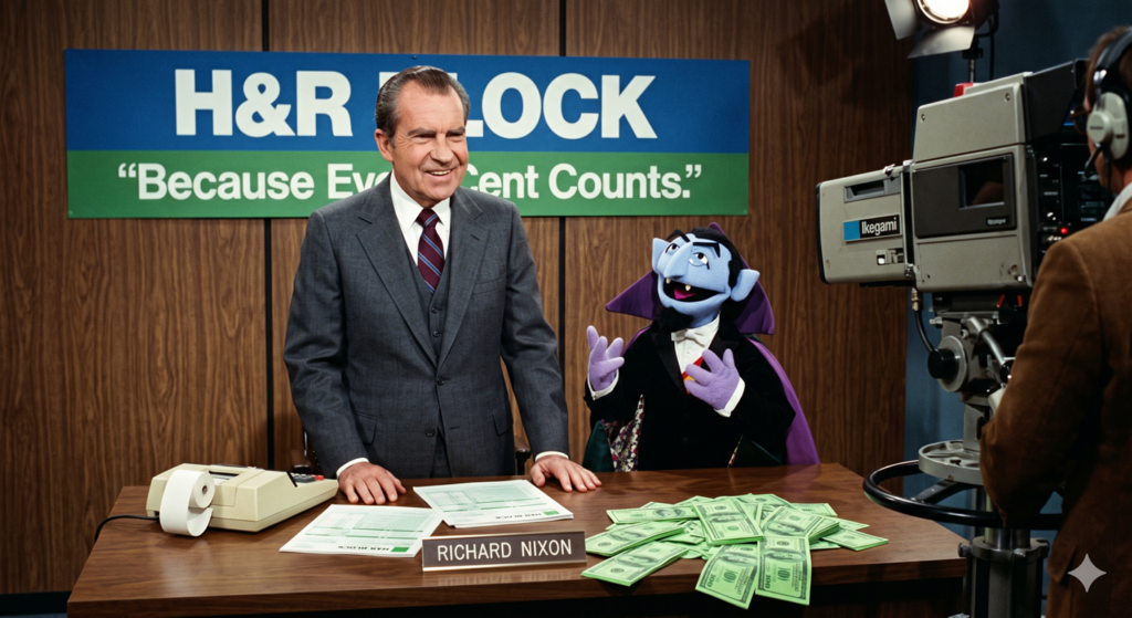 A surreal 1980s television studio photograph showing former President Richard Nixon, dressed in a grey three-piece suit, smiling alongside the Sesame Street puppet Count von Count. They stand behind a wooden desk piled with cash, tax forms, and a vintage calculator, participating in an H&R Block commercial. A large banner behind them reads "H&R BLOCK" and "Because Every Cent Counts." A broadcast camera crew is visible in the foreground on the right.