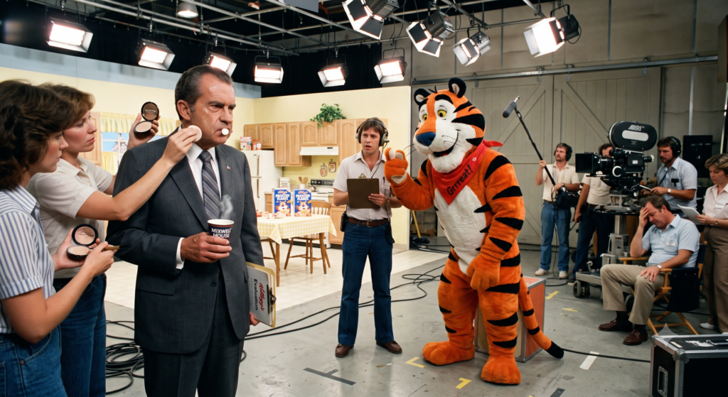 A color photograph of Richard Nixon on a chaotic 1980s television commercial set, scowling at a sweaty actor in a Tony the Tiger suit. He holds steaming coffee and stands rigidly while multiple makeup assistants apply powder to his perspiring face. A flustered production assistant and a large film camera are visible.