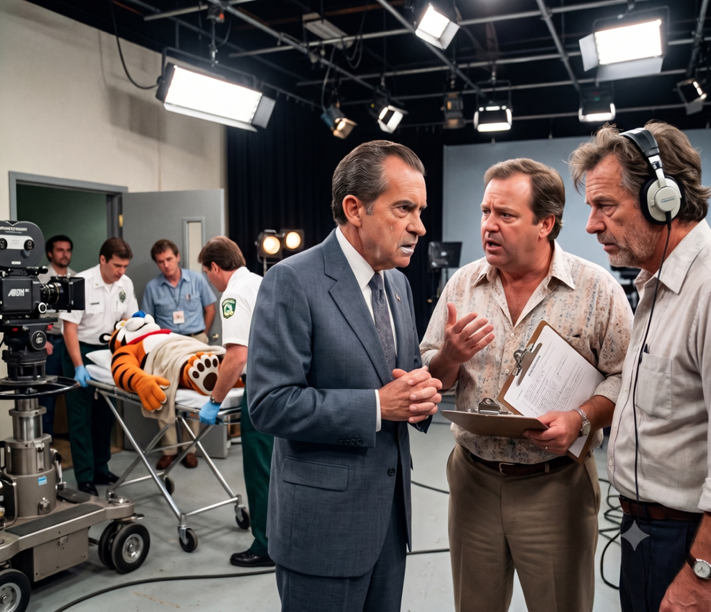 A 1980s television studio floor where Richard Nixon, wearing a charcoal-gray suit with visible streaks of melting white pancake makeup around his mouth, stands with his hands clasped, indifferently explaining himself to a flustered producer and director. In the background, paramedics are wheeling a collapsed actor in a Tony the Tiger suit out on a medical stretcher.