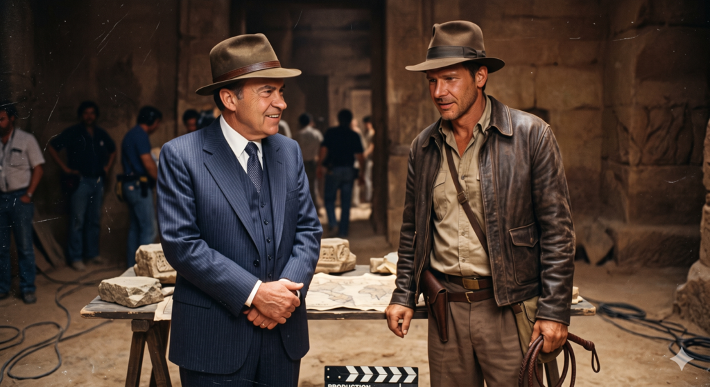 A faux, grainy 1980s film production still showing Richard Nixon on a movie set alongside Harrison Ford as Indiana Jones. Nixon is wearing a pinstripe three-piece suit with a brown, wide-brimmed explorer’s fedora, smiling as he converses with Ford, who is in full Indiana Jones attire with his leather jacket, fedora, and whip.