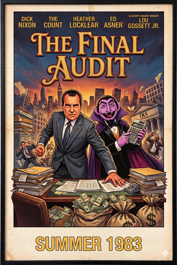 Illustrated early 1980s style movie poster for "The Final Audit" starring Dick Nixon and The Count. The top of the poster features billing for Dick Nixon, The Count, Heather Locklear, Ed Asner, and Academy Award Winner Lou Gossett Jr. above the stylized, gold title "The Final Audit." The central artwork shows an intense, stone-faced Richard Nixon in a grey suit leaning over a wooden desk piled high with IRS paperwork and sacks of cash. Next to him, a large version of the purple vampire puppet The background depicts a dramatic sunset over a New York City skyline with institutional IRS buildings. The bottom border reads "SUMMER 1983" in a bold yellow font.