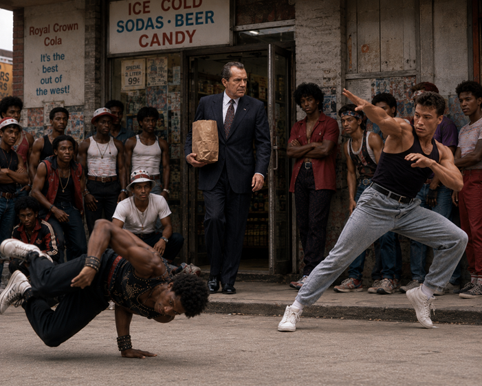 Artist's recreation of the 1984 Breakin' Cupcake Incident. Richard Nixon exits a Los Angeles corner store carrying a brown paper bag while breakdancers perform on the sidewalk. A crowd of spectators watches as Nixon pauses to observe the scene before continuing on his way.